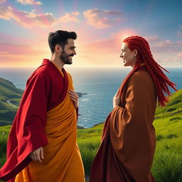 A gay male French bodhisattva with short black hair approaches a gay male Danish bodhisattva with long braided red hair in the idyllic countryside of Ireland, near the ocean