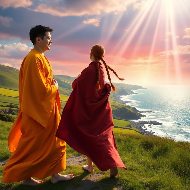 A gay male French bodhisattva with short black hair approaches a gay male Danish bodhisattva with long braided red hair in the idyllic countryside of Ireland, near the ocean