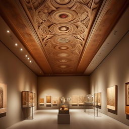 Design an exhibition area in an art museum, filled with stunning display objects and artifacts. It's crowned with a traditional wooden ceiling, showcasing intricate designs and old-world charm.