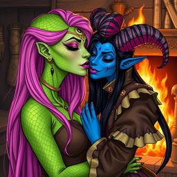 An illustration depicting a Yuan-ti woman with striking green scaly skin, long, vibrant pink hair cascading down her shoulders, and prominent purple lipstick