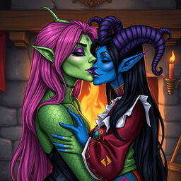 An illustration depicting a Yuan-ti woman with striking green scaly skin, long, vibrant pink hair cascading down her shoulders, and prominent purple lipstick