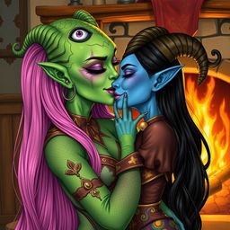 An illustration depicting a Yuan-ti woman with striking green scaly skin, long, vibrant pink hair cascading down her shoulders, and prominent purple lipstick