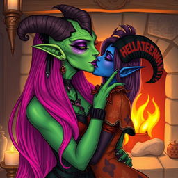 An illustration of a Yuan-ti woman with vibrant green scaly skin, long bright pink hair cascading down her shoulders, adorned with striking purple lipstick