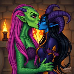 An illustration of a Yuan-ti woman with vibrant green scaly skin, long bright pink hair cascading down her shoulders, adorned with striking purple lipstick