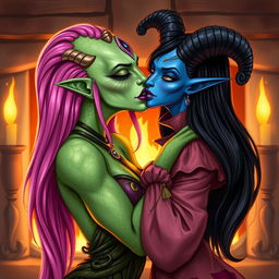 An illustration of a Yuan-ti woman with vibrant green scaly skin, long bright pink hair cascading down her shoulders, adorned with striking purple lipstick