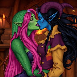 An illustration of a Yuan-ti pureblood woman with striking green scaly skin, adorned with long, bright pink hair cascading down her shoulders