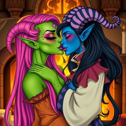 An illustration of a Yuan-ti pureblood woman with striking green scaly skin, adorned with long, bright pink hair cascading down her shoulders