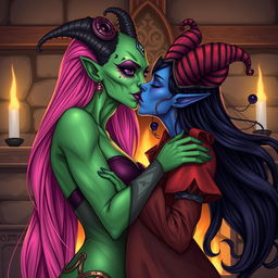 An illustration of a Yuan-ti pureblood woman with striking green scaly skin, adorned with long, bright pink hair cascading down her shoulders