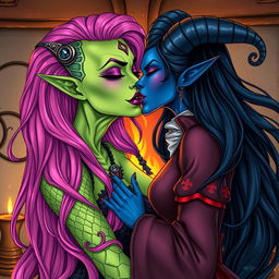 An illustration of a Yuan-ti pureblood woman with striking green scaly skin, adorned with long, bright pink hair cascading down her shoulders