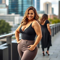 A confident woman showcasing her curves, dressed in stylish and form-fitting attire