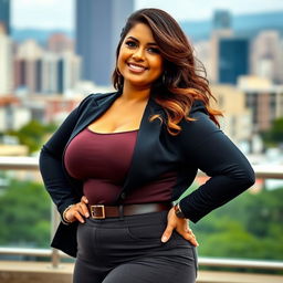 A confident woman showcasing her curves, dressed in stylish and form-fitting attire