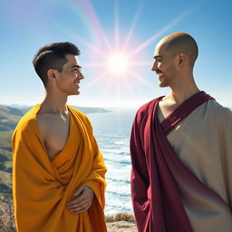 A gay male French bodhisattva with short black hair and a chiseled face approaches a gay male Irish bodhisattva with a shaved head and thick eyebrows, possessing a breathtaking yet playful beauty