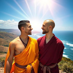 A gay male French bodhisattva with short black hair and a chiseled face approaches a gay male Irish bodhisattva with a shaved head and thick eyebrows, possessing a breathtaking yet playful beauty