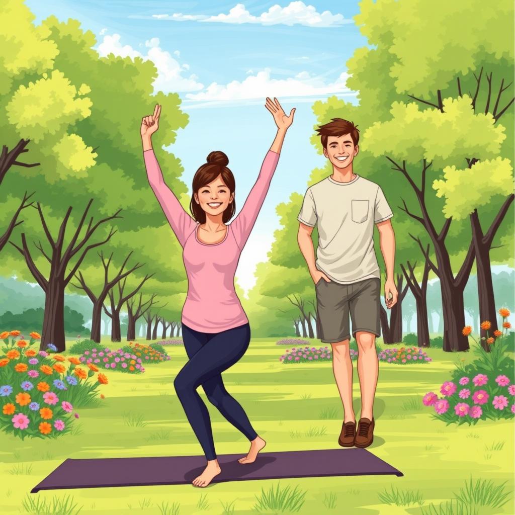 An illustration depicting two individuals promoting physical health, dressed in modest clothing, in a vibrant park