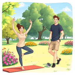An illustration depicting two individuals promoting physical health, dressed in modest clothing, in a vibrant park