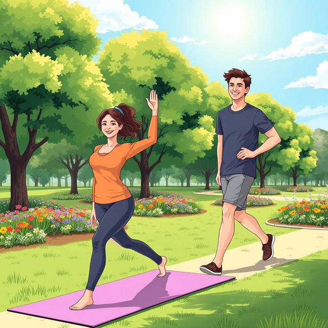 An illustration depicting two individuals promoting physical health, dressed in modest clothing, in a vibrant park