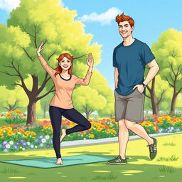 An illustration depicting two individuals promoting physical health, dressed in modest clothing, in a vibrant park