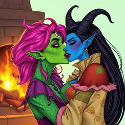 An illustration of a Yuan-ti pureblood woman with vibrant green scaly skin and bright pink hair, adorned with striking purple lipstick