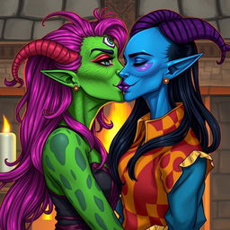 An illustration of a Yuan-ti pureblood woman with vibrant green scaly skin and bright pink hair, adorned with striking purple lipstick
