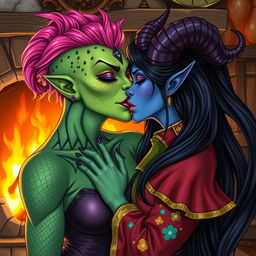 An illustration of a Yuan-ti pureblood woman with vibrant green scaly skin and bright pink hair, adorned with striking purple lipstick