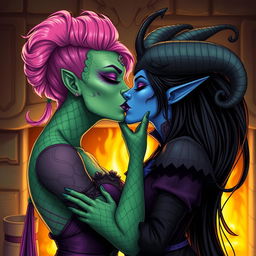 An illustration of a Yuan-ti pureblood woman with vibrant green scaly skin, bright pink hair styled beautifully, and bold purple lipstick