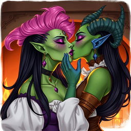 An illustration of a Yuan-ti pureblood woman with vibrant green scaly skin, bright pink hair styled beautifully, and bold purple lipstick