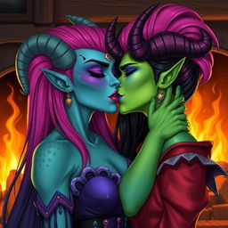 An illustration of a Yuan-ti pureblood woman with vibrant green scaly skin and long, full bright pink hair styled beautifully