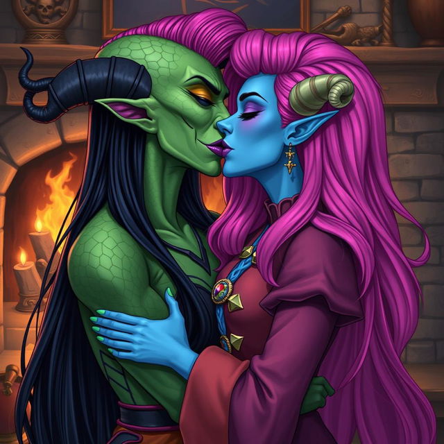 An illustration of a Yuan-ti pureblood woman with vibrant green scaly skin and long, full bright pink hair styled beautifully