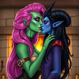 An illustration of a Yuan-ti pureblood woman with vibrant green scaly skin and long, full bright pink hair styled beautifully