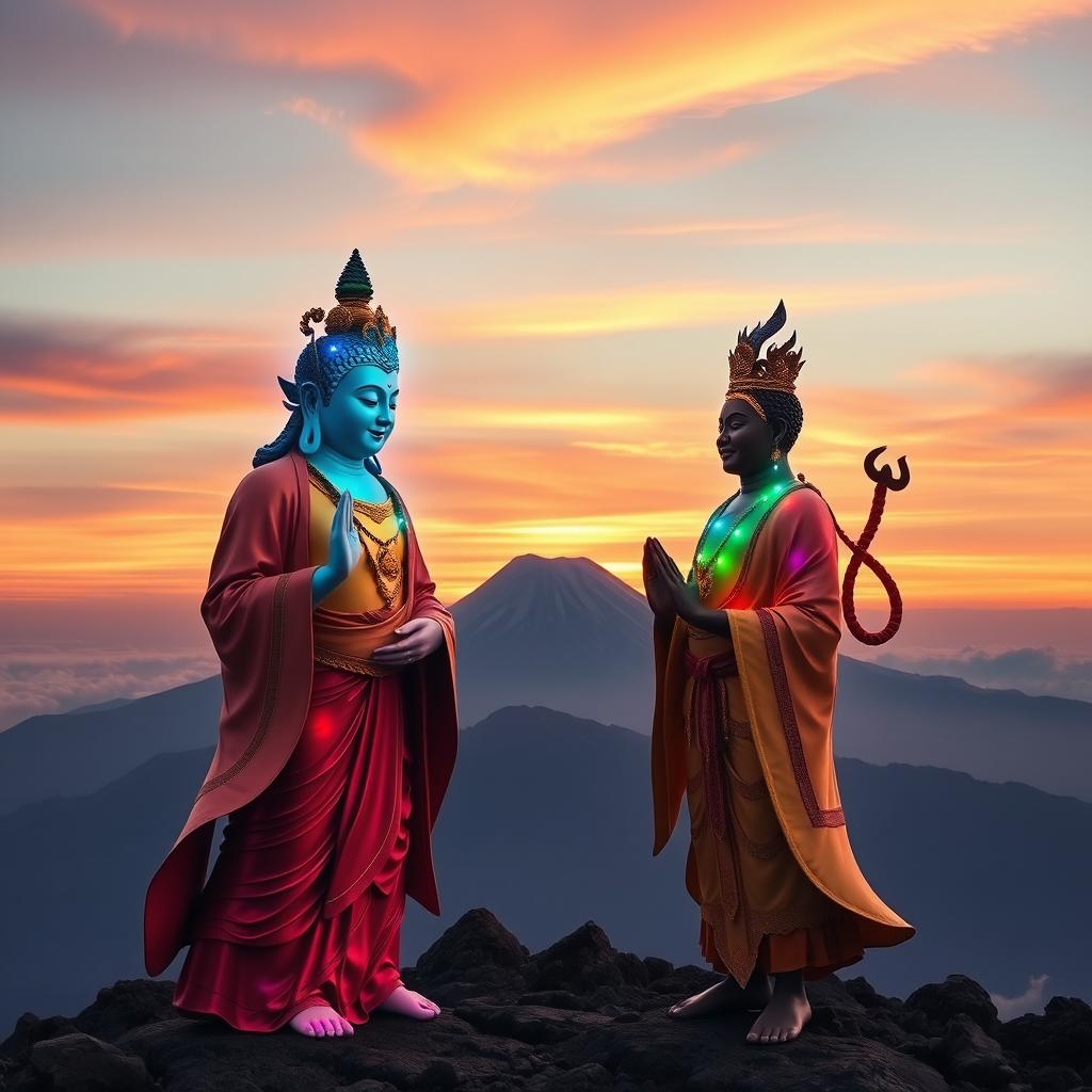 Avalokiteshvara and Manjushri meet atop Kilimanjaro, standing side by side to overlook the vast landscape and the future of humanity