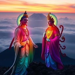 Avalokiteshvara and Manjushri meet atop Kilimanjaro, standing side by side to overlook the vast landscape and the future of humanity
