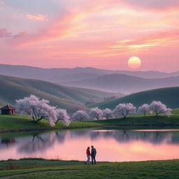 A beautiful and dreamy romantic background featuring a serene landscape with soft pink and lavender hues in the sky at sunset