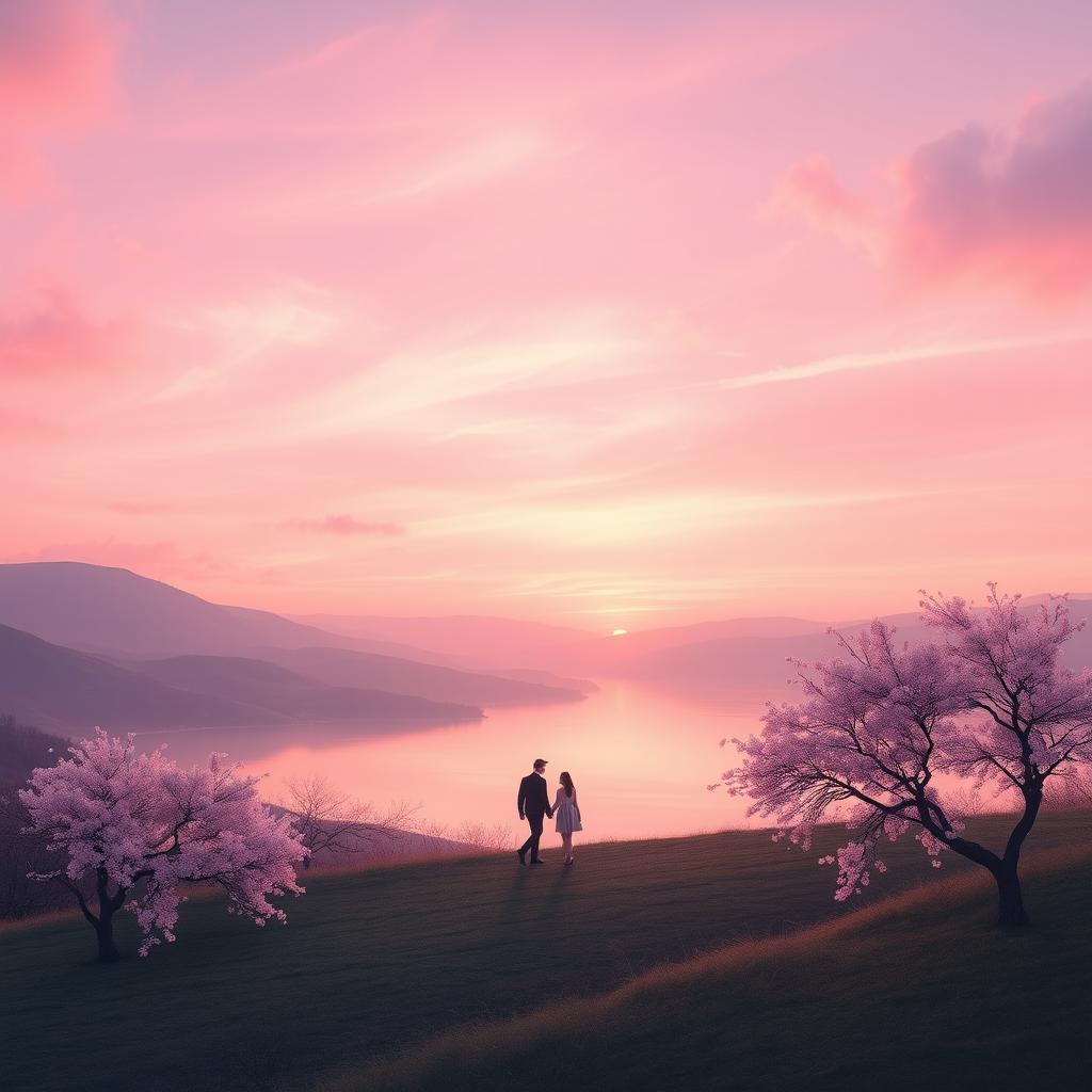 A beautiful and dreamy romantic background featuring a serene landscape with soft pink and lavender hues in the sky at sunset