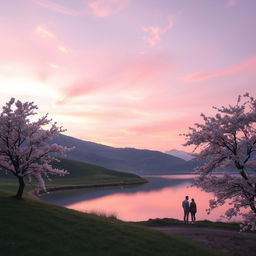 A beautiful and dreamy romantic background featuring a serene landscape with soft pink and lavender hues in the sky at sunset