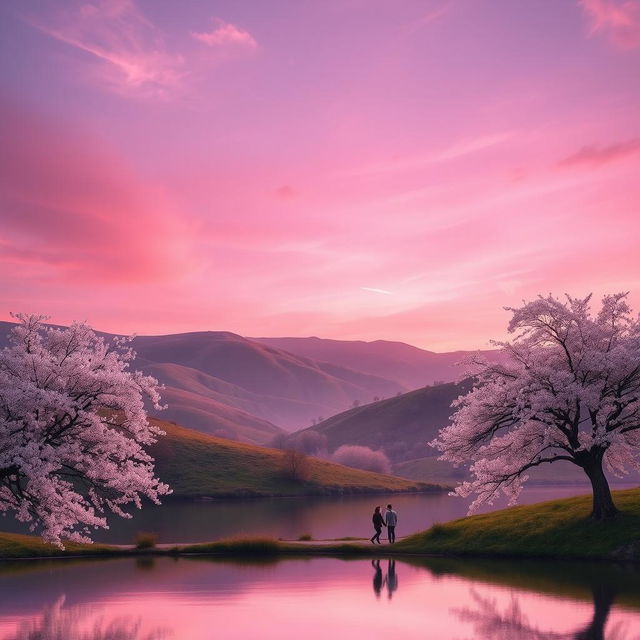 A beautiful and dreamy romantic background featuring a serene landscape with soft pink and lavender hues in the sky at sunset