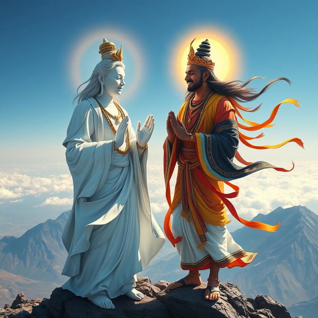 Avalokiteshvara, portrayed as Scandinavian with pale skin and flowing light blue and white robes, meets Manjushri, depicted as Punjabi with tinges of orange-olive in his skin, atop Kilimanjaro