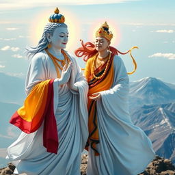 Avalokiteshvara, portrayed as Scandinavian with pale skin and flowing light blue and white robes, meets Manjushri, depicted as Punjabi with tinges of orange-olive in his skin, atop Kilimanjaro