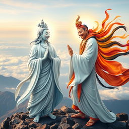 Avalokiteshvara, portrayed as Scandinavian with pale skin and flowing light blue and white robes, meets Manjushri, depicted as Punjabi with tinges of orange-olive in his skin, atop Kilimanjaro