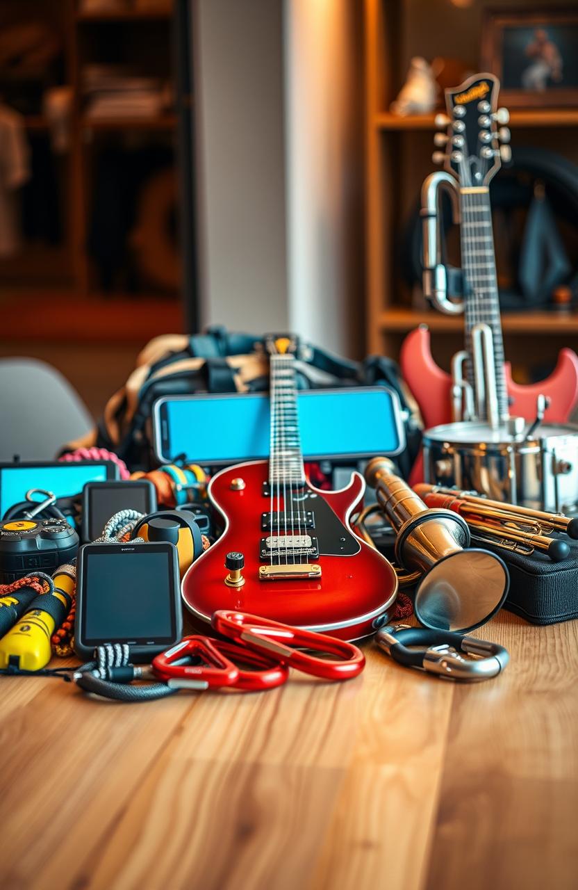 A stunning display of various gear, including high-tech gadgets, climbing equipment, and musical instruments, beautifully arranged on a sleek wooden table