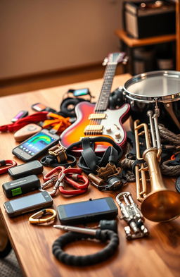 A stunning display of various gear, including high-tech gadgets, climbing equipment, and musical instruments, beautifully arranged on a sleek wooden table