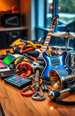 A stunning display of various gear, including high-tech gadgets, climbing equipment, and musical instruments, beautifully arranged on a sleek wooden table