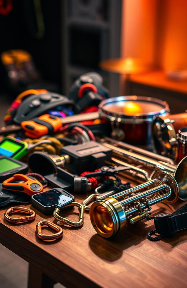 A stunning display of various gear, including high-tech gadgets, climbing equipment, and musical instruments, beautifully arranged on a sleek wooden table