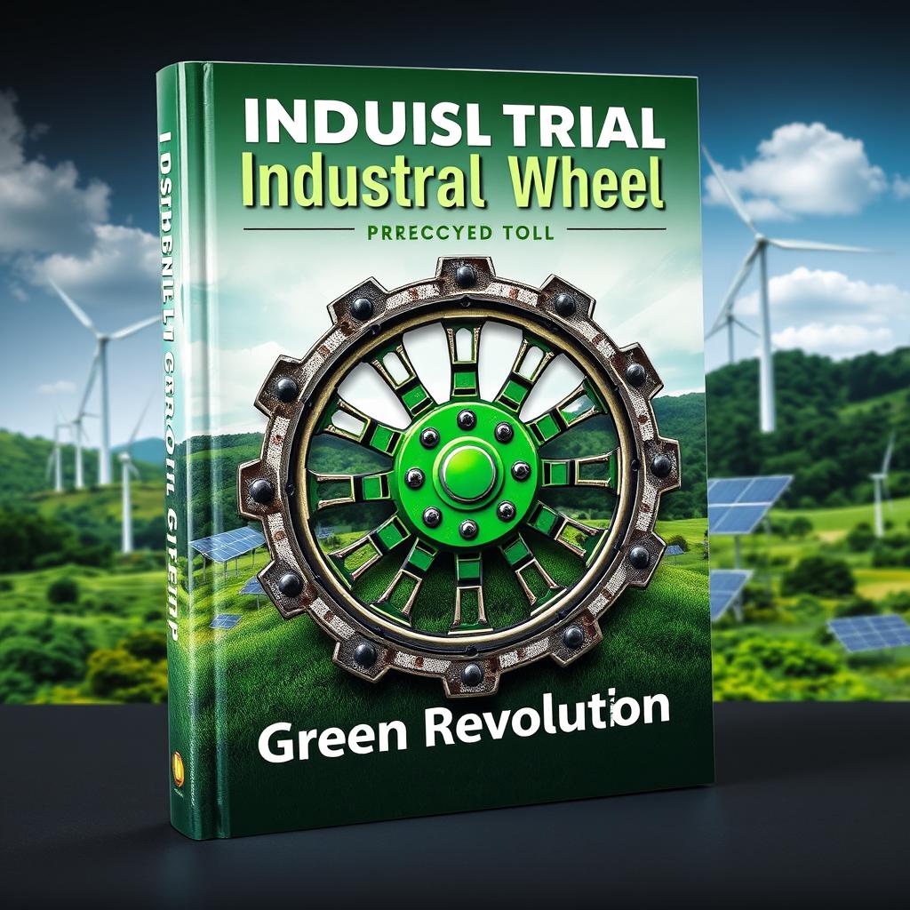 A striking book cover for 'Industrial Wheel: Green Revolution', featuring a bold, stylized industrial wheel at the center