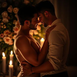 An intimate and sensual scene of a couple in a passionate embrace, captured in soft lighting