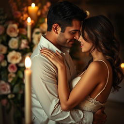 An intimate and sensual scene of a couple in a passionate embrace, captured in soft lighting