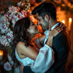 An intimate and sensual scene of a couple in a passionate embrace, captured in soft lighting