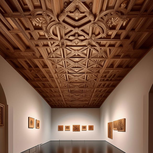 Design an exhibition area in an art museum, filled with stunning display objects and artifacts. It's crowned with a traditional wooden ceiling, showcasing intricate designs and old-world charm.