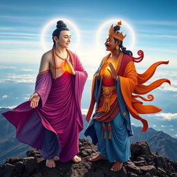 Avalokiteshvara, depicted as a fair-skinned Scandinavian man, and Manjushri, portrayed as a Punjabi with tinges of orange-olive in his skin, meet atop the majestic Kilimanjaro