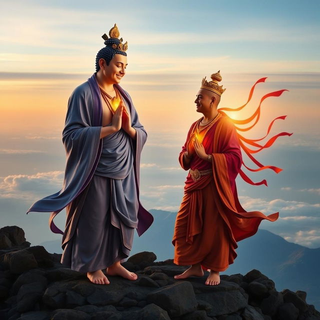 Avalokiteshvara, depicted as a fair-skinned Scandinavian man, and Manjushri, portrayed as a Punjabi with tinges of orange-olive in his skin, meet atop the majestic Kilimanjaro