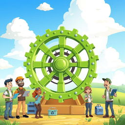 A colorful cartoon scene featuring an industrial wheel, designed with a vibrant green color to symbolize a futuristic revolution in industry
